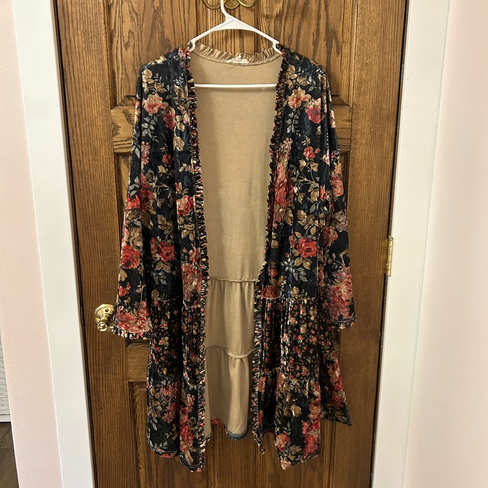 Easel Floral Velvet Multicolor Open Boho Women's Cardigan Medium - Picture 2 of 11